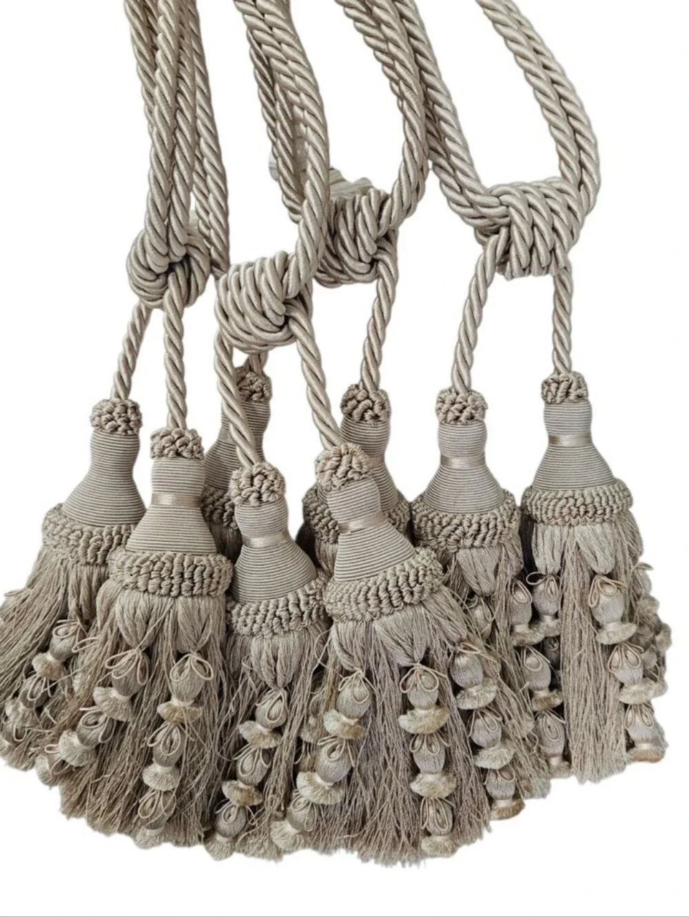 French Tassel Tiebacks PASSEMENTERIE Drape Curtain Braided Rope Tan Satin Sheen4
